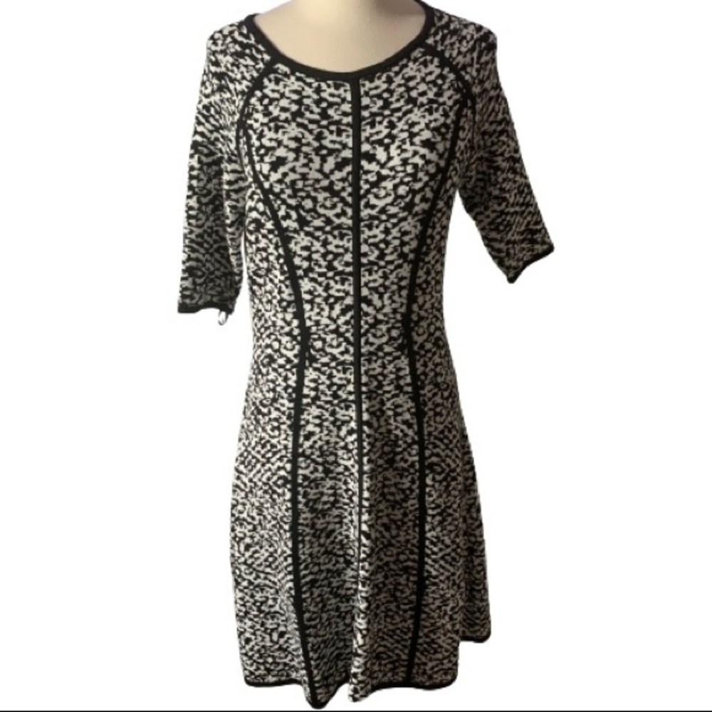 Karl Lagerfeld Black White Elbow Length Sleeve Fit Flare Sweater Dress Med
